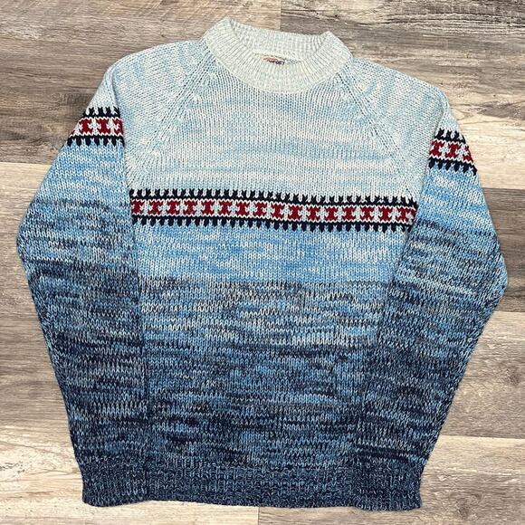 Vintage 80s Snowdrift Blue Red Mens M Stripe Mock Neck Knit Pullover Ski Sweater - Picture 1 of 7
